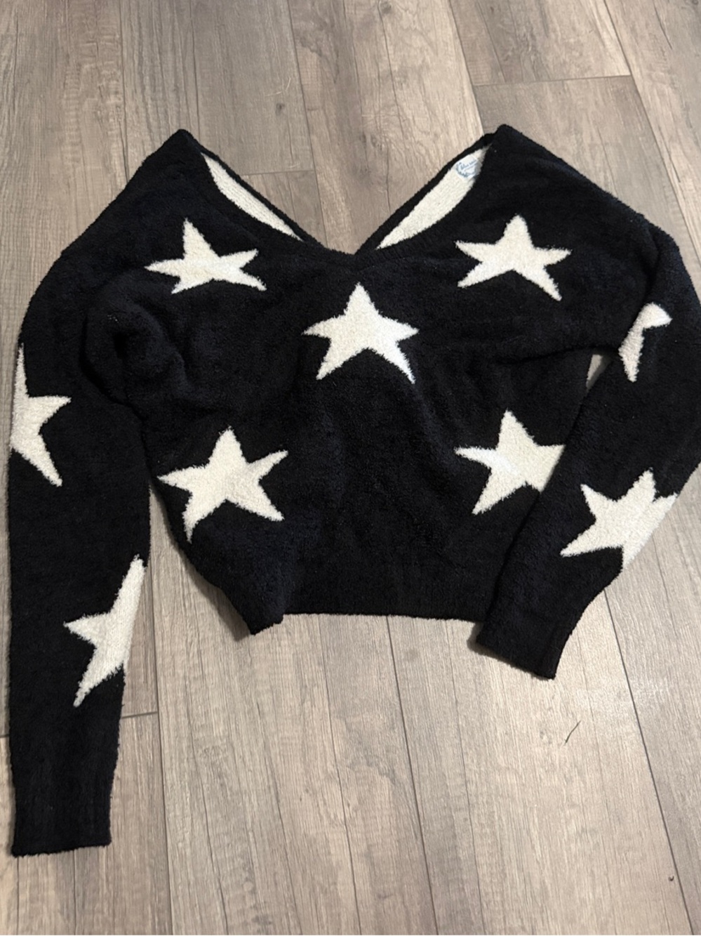 Blue Rain Black V-Neck Sweater with White Star Motif